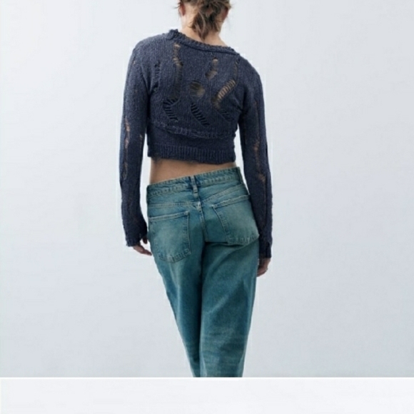 Zara Black Distressed Knit Crop Sweater - Picture 5 of 6